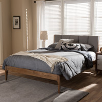 Baxton Studio SW8063-Light Grey/Walnut-M7-Queen Ember Mid-Century Light Grey Fabric and Medium Brown Finish Wood Queen Size Platform Bed
